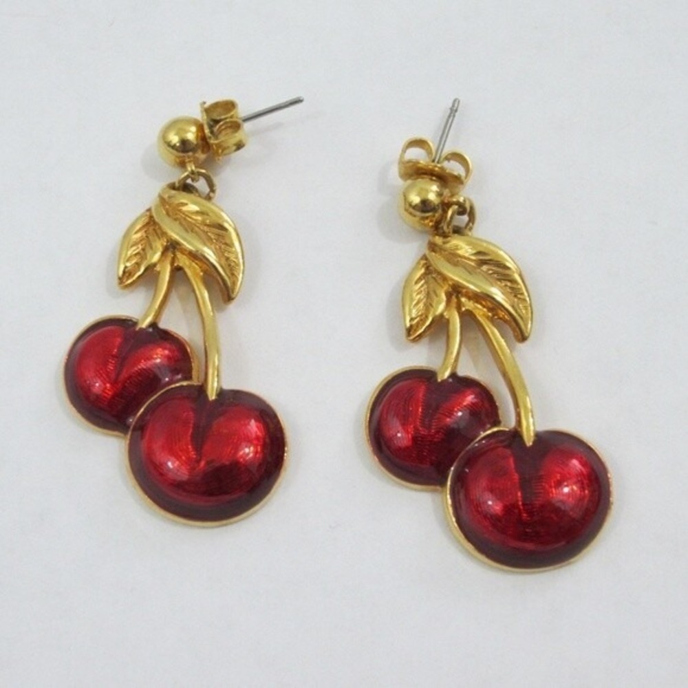 Vtg Avon gold tone‎ red enamel Cherry dangle earring signed fruit boho hippie